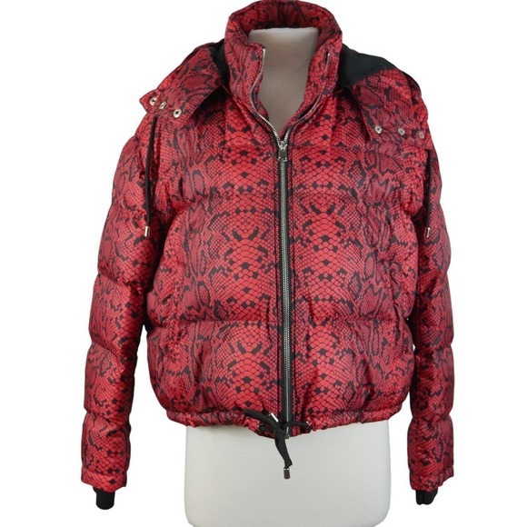 Zara Red Snakeskin Coat Size Large Red Puff Jacket Quilted Hooded Puffer Outdoor - Picture 1 of 7